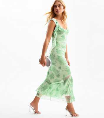 Green Frilly Trimmed Mesh Midi Dress