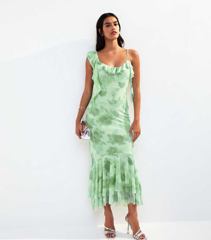 Green Frilly Trimmed Mesh Midi Dress