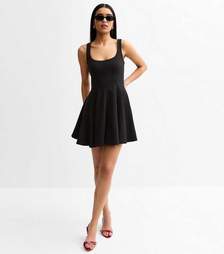 Black Square Neck Flared Mini Dress