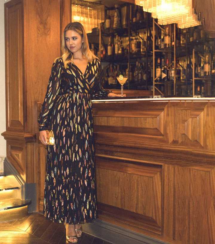 Gini London Black Metallic Print Full Sleeve Maxi Dress
