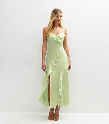 Green Ruffle Trim Satin Midi Dress