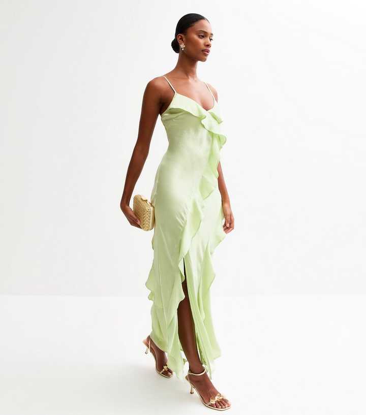 Green Ruffle Trim Satin Midi Dress | New Look Green Ruffle Trim Satin Midi Dress | New Look