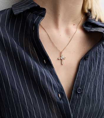 Gold Tone Diamanté Cross Necklace