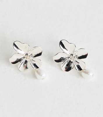 Silver Tone Faux Pearl Drop Flower Earrings