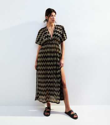 Black Chevron Plisse Beach Maxi Dress