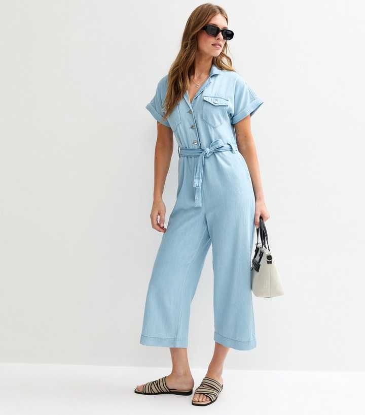 Light Blue Belted Denim Jumpsuit