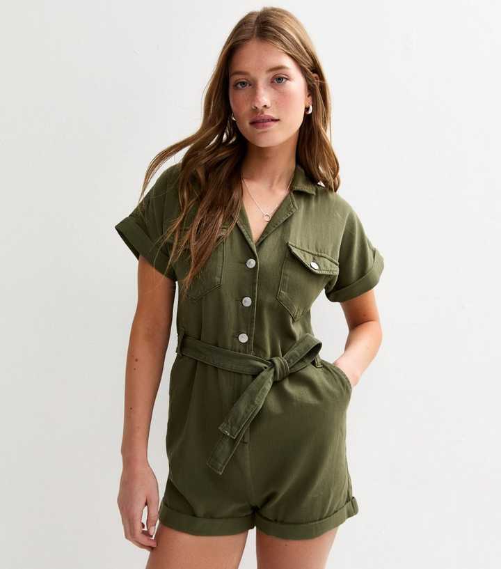 Dark Khaki Short Sleeve Twill Playsuit