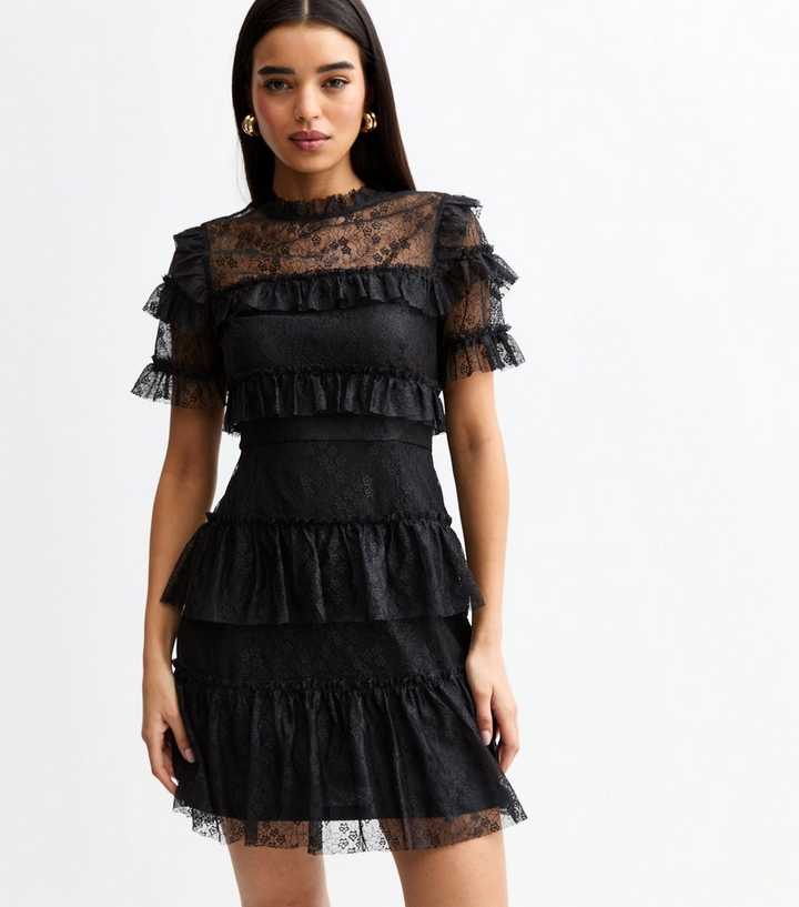frilly black mini dress Lace Trimmed Target Black Sequin Dress HR26 hugging silhouette showcases your Mock Neck Mesh Overlay Dress | Sheer Formal Dress for Musicians (Size):1X