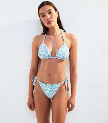 White Floral Print Halterneck Bikini Top