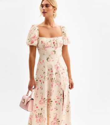 Off White Floral Print Puff Sleeve Midi Dress