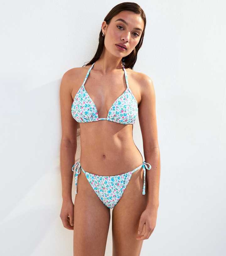 White Floral Print Tie Side Bikini Bottoms