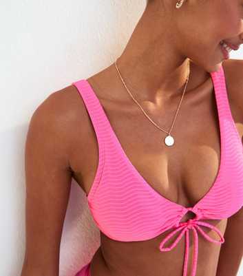 Bright Pink Wave Texture Tie Front Bikini Crop Top
