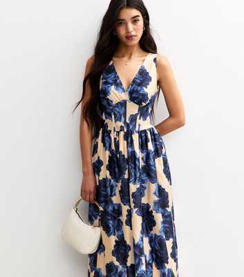 Blue Rose Print V-Neck Midi Dress