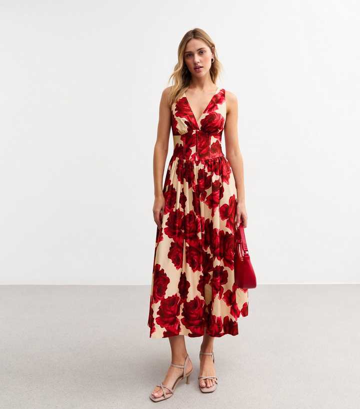 Light Pink Rose Print Corset Midi Dress