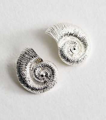 Silver Tone Large Shell Charm Stud Earrings