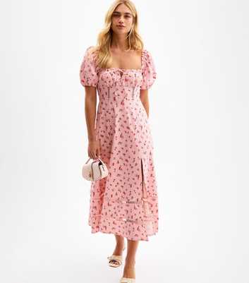 Pink Floral Print Puff Sleeve Lace Insert Milkmaid Midi Dress