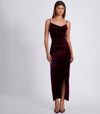 QUIZ Burgundy Draped Velvet Midaxi Dress New Look