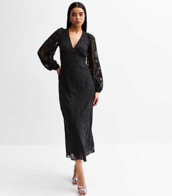 Black V-Neck Floral Devoré Long Sleeve Midi Dress