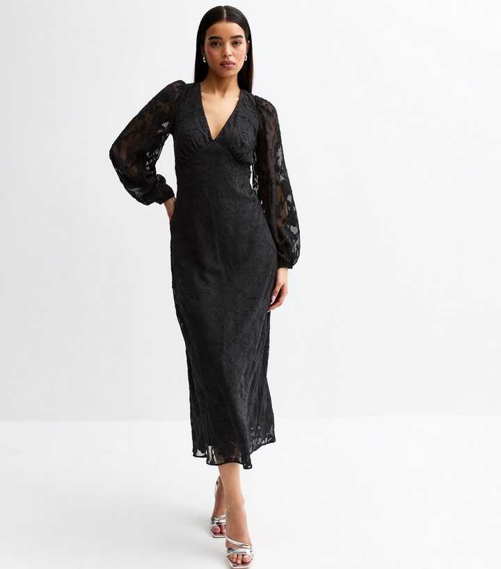 Black V-Neck Floral Devoré Long Sleeve Midi Dress