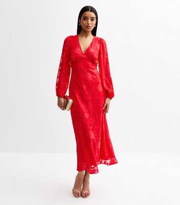 Red Floral Patterned Long Sleeve Midi Dress