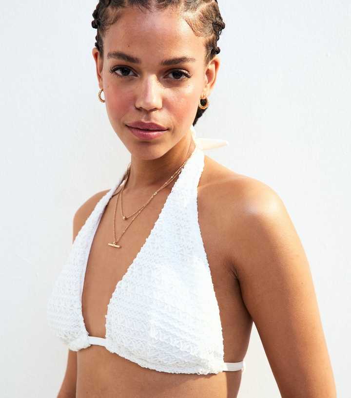 White Crochet Halterneck Bikini Top
