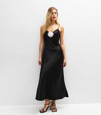 Black Satin Corsage Midi Slip Dress