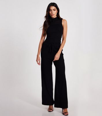 QUIZ Black Knit Detail Wide Leg Trousers New Look