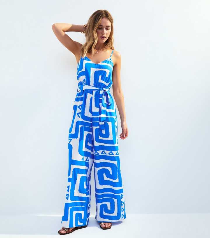 Blue Swirl Print Wide Leg Jumpsuit