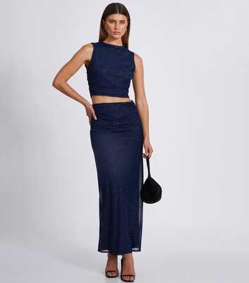 QUIZ Navy Mesh Sparkle Midaxi Skirt