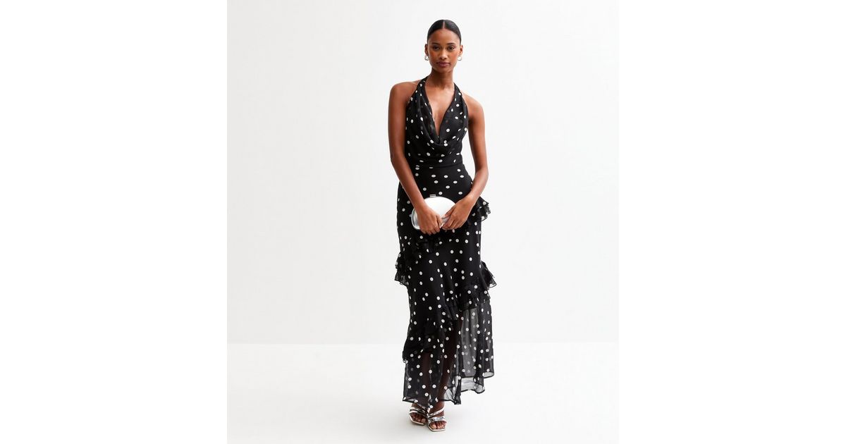 Virtue | Black & White Polka Dot Cowl-Neck Fishtail Maxi Dress With Split main image 1