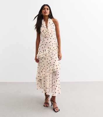 Off White Polka Dot Cowl Neck Chiffon Midi Dress