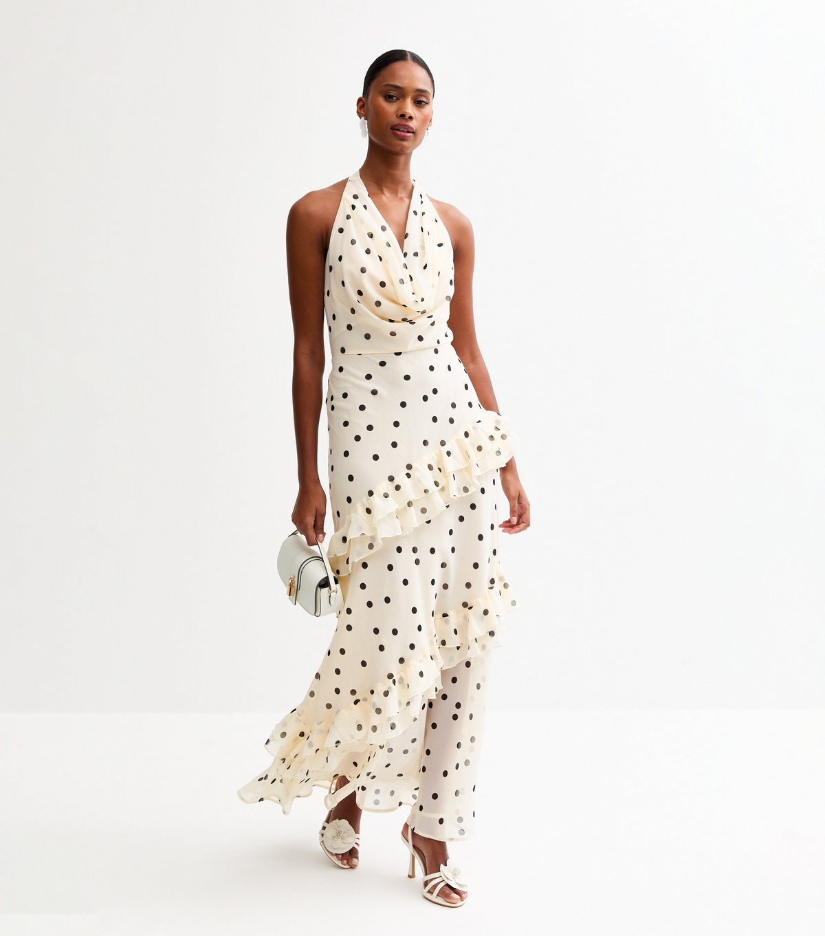 Women's Off White Polka Dot Cowl Neck Chiffon Midi Dress New Look