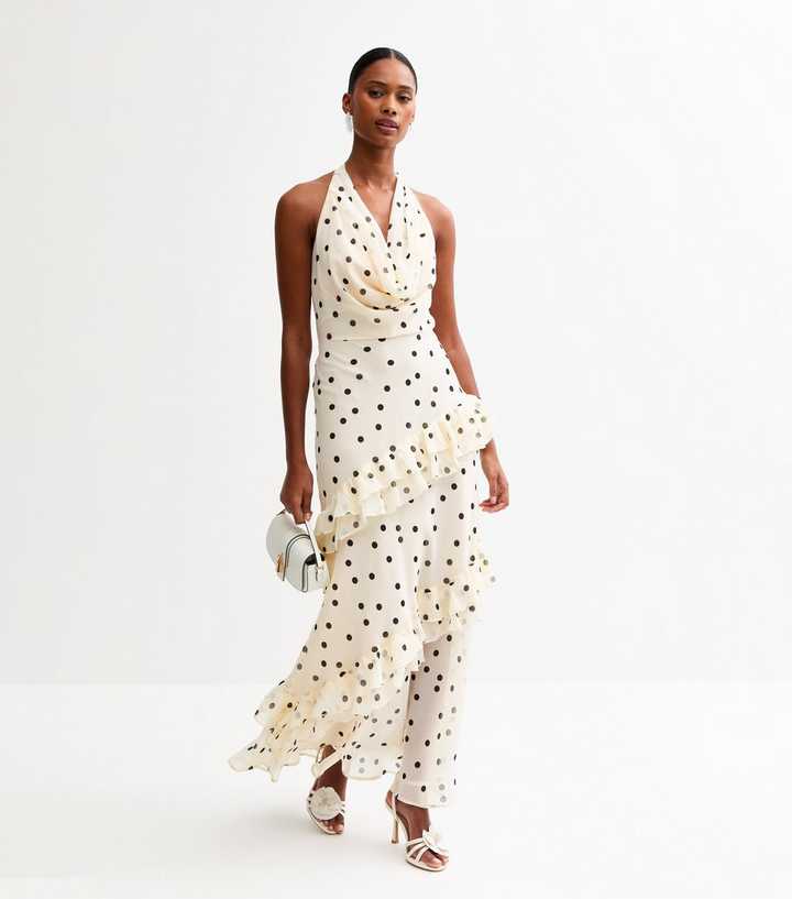 Off White Polka Dot Cowl Neck Chiffon Midi Dress