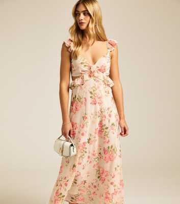 Cream Chiffon Rose Print Ruffle Cut Out Midi Dress