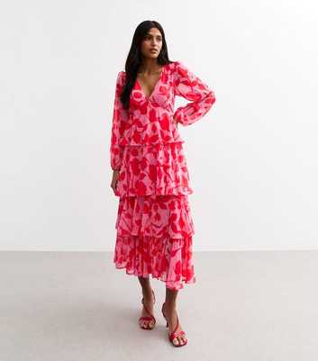 Pink Floral Print Tiered Chiffon Midi Dress