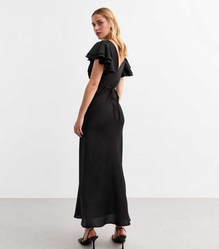 new look ruffle sleeve satin midi dress Dark Brown Satin Ruffled Sleeve Midi Dress