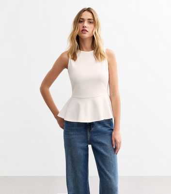 Off White Sleeveless Peplum Hem Top