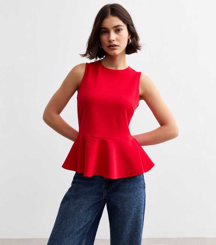 Red Sleeveless Peplum Hem Top