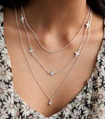 Silver Tone Multi-Row Mini Flower Charm Necklace