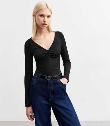 Black Textured V-Neck Top