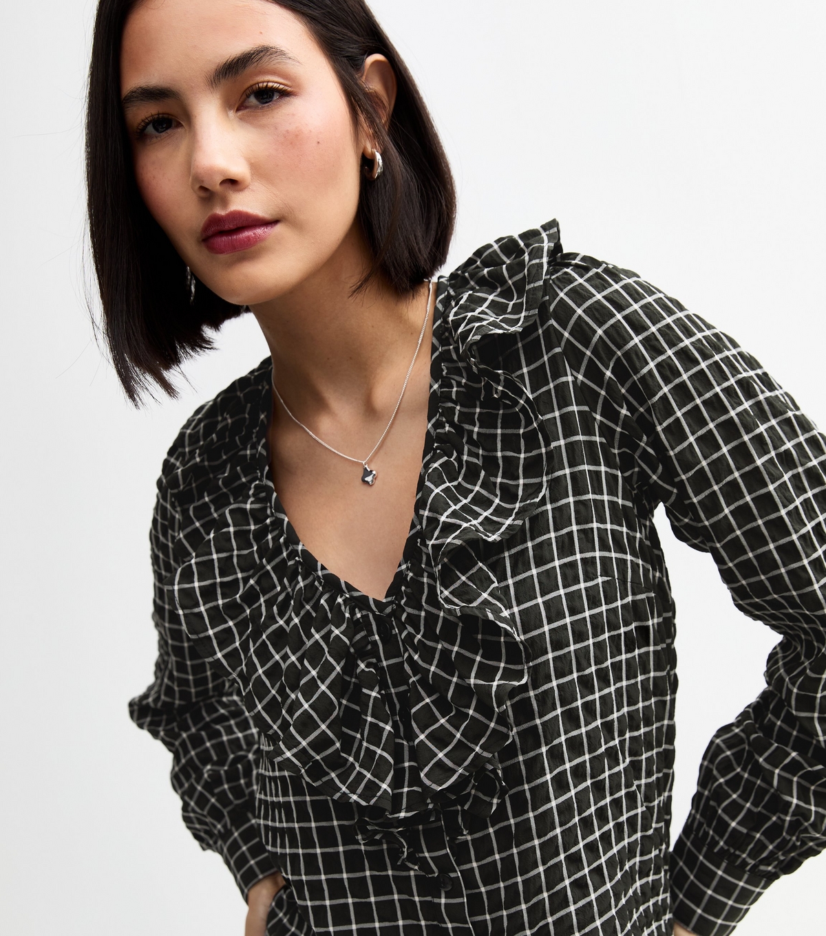 Women's Black Checked Frill Trim Top New Look