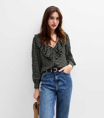 Black Checked Frill Trim Top