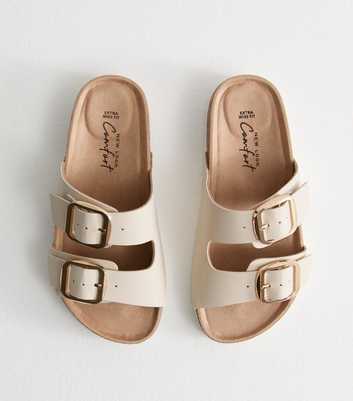 Extra Wide Fit Off White Faux Leather Buckled Strap Flat Sandals