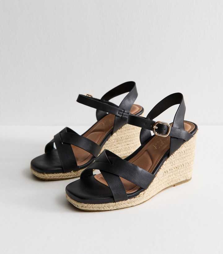 Extra Wide Fit Black Faux Leather Crossover Strap Wedge Sandals | New Look