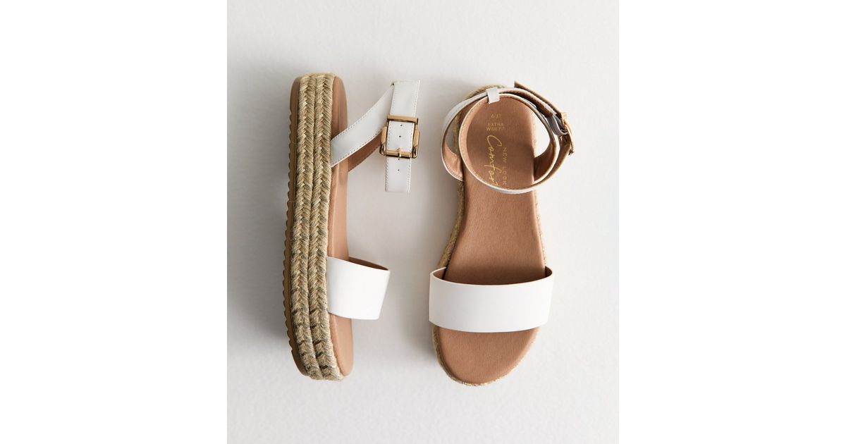 Extra Wide Fit White Faux Leather Jute Sole Flatform Sandals New