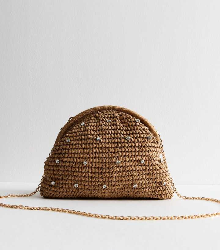 Stone Diamanté Stud Raffia Look Slouchy Clutch Bag