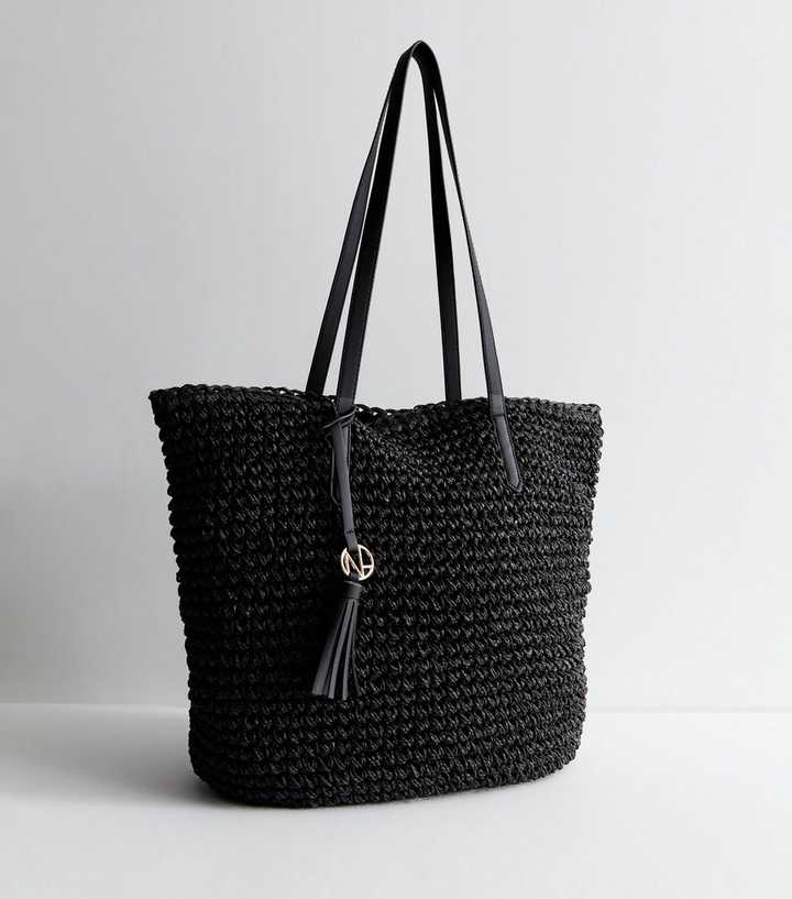 Black Raffia Look Logo Charm Tote Bag