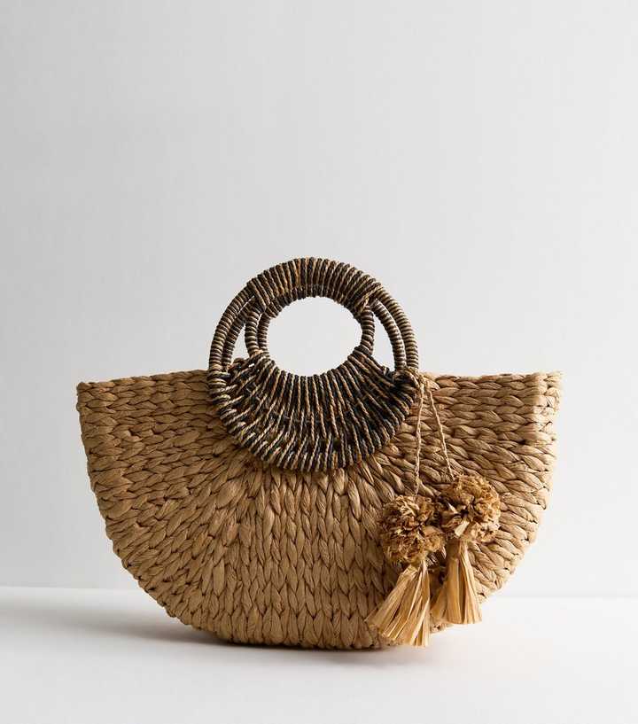 Stone Faux Leather Trimmed Woven Basket Bag