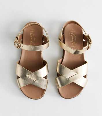 Wide Fit Gold Metallic Faux Leather Crossover Strap Sandals