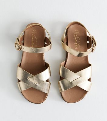 Wide Fit Gold Metallic Faux Leather Crossover Strap Sandals New Look